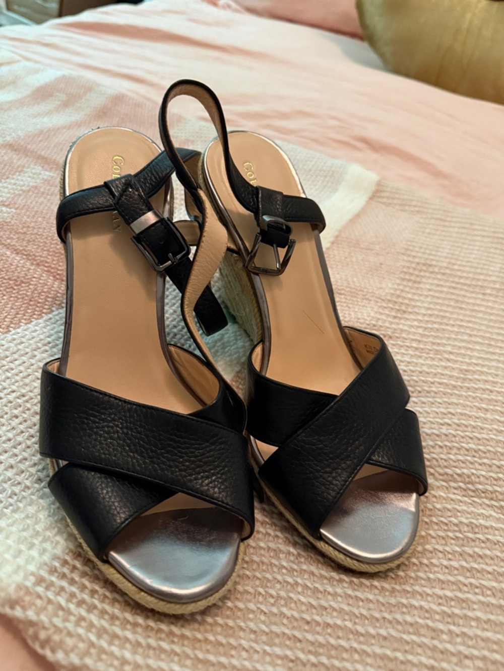 Cole Haan Black Leather Crisscross Slingback Wedge Sandals